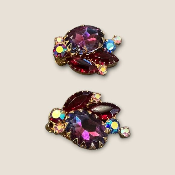 Vintage Aurora Borealis Clip-On Earrings With Rhinestones & Gold-Tone Metal - Picture 2 of 5